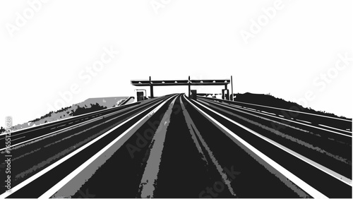 Illustration of a highway with multiple lanes leading to a toll booth under a bright white sky above hills silhouette