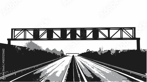 A monochrome illustration depicting a highway stretching into the distance under a metal sign structure overhead silhouette