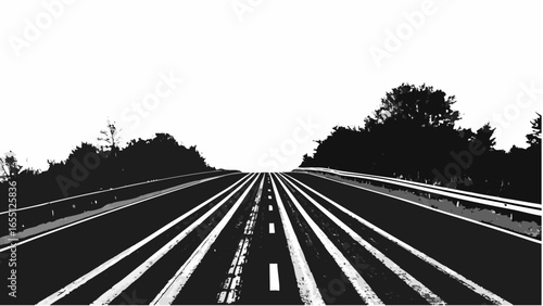 A grayscale image depicting a straight road receding into the distance with trees lining both sides of it silhouette