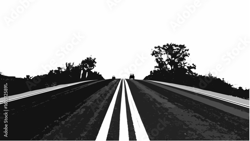 Perspective view of a highway with two cars driving away and trees on either side under a bright sky silhouette