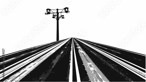 Road leading into the distance with an electrical pole on the side under a clear white sky background silhouette