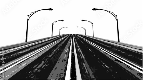 A road with streetlights receding into the distance under a bright sky in a monochrome illustration silhouette
