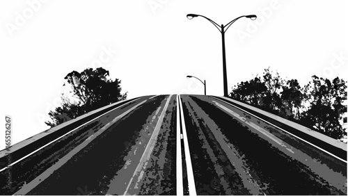 A monochrome view of a road stretching into the distance with trees and streetlights along the sides silhouette