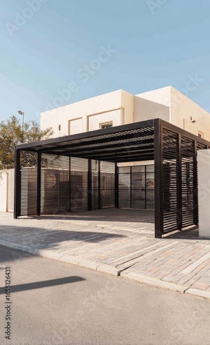 Modern carport attached to light beige house
