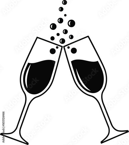 Two elegant champagne flutes clinking together with celebratory bubbles.