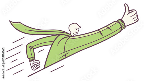 green superhero character flying with outstretched arms in dynamic cartoon style illustration isolated on white background.