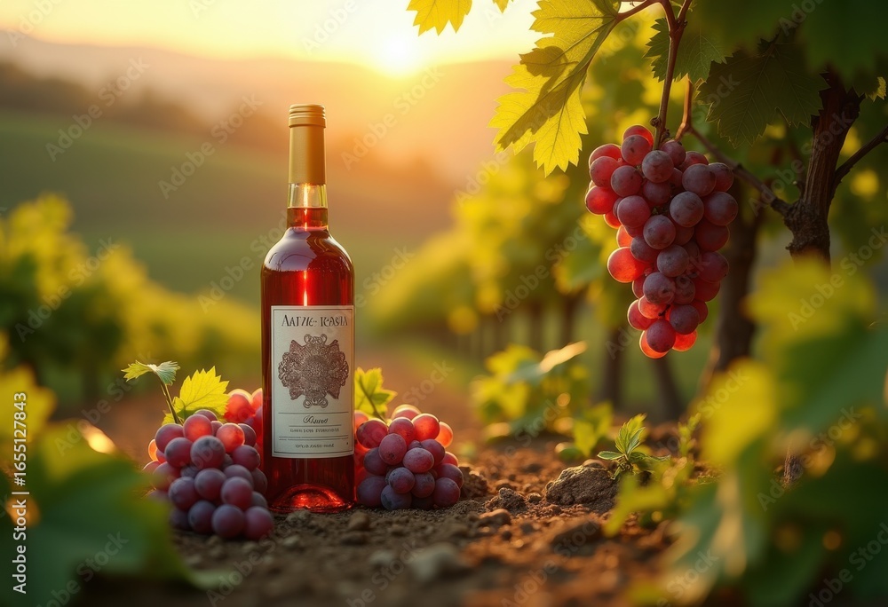 Fototapeta premium artisan wine bottle surrounded lush cascading grape vines picturesque vineyard setting, tasting, glass, barrel, liquid, red, white, cluster, basket