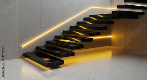 Suspended Glossy Black Laminated Staircase with Yellow Neon Handrail — Concrete Panel Walls and Neutral Terrazzo Floor, Futuristic Minimal Lighting