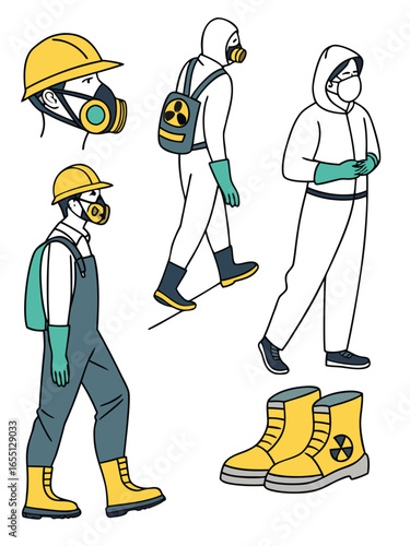 Cartoon style illustrations of people in protective suits and hazard gear hazmat suit protective clothing