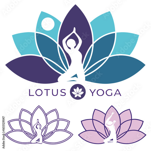 Three minimalist yoga logos featuring lotus flowers and meditating figures in purple blue and pink