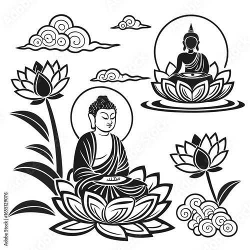 Stylized black and white illustrations of Buddha figures meditating on lotus flowers with swirling clouds