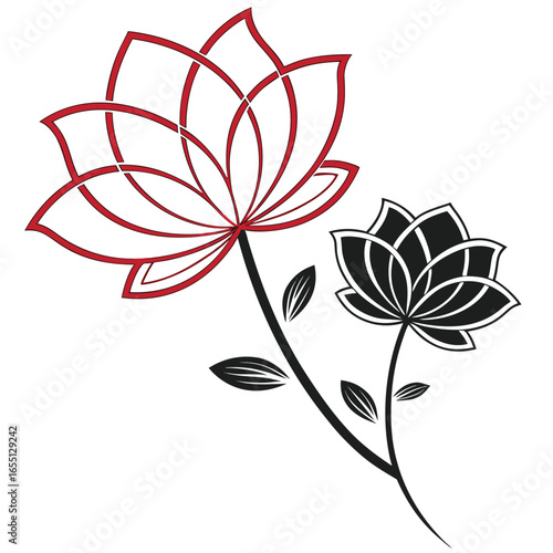 Two stylized lotus flowers one red and one black on a white background floral botanical