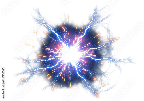 Abstract energy burst with lightning bolts and glowing particles isolated on transparent background