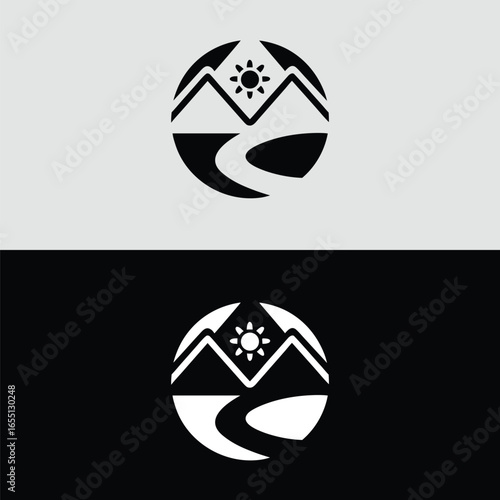 Mountain landscape with sun and river in a circle, a nature travel outdoor adventure scenery peak, a tourism environment rock cliff exploration panoramic view wilderness trail