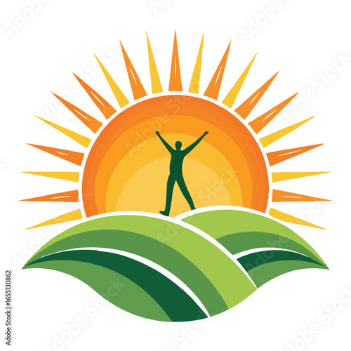 Person celebrating under a vibrant sun over rolling green hills