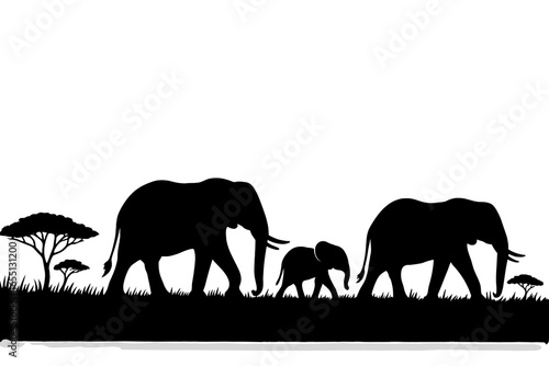 Silhouetted elephants walking across the grassland at sunset with trees in the background