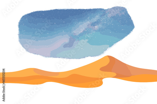 Starry night sky over a serene desert landscape with rolling sand dunes in twilight hours
