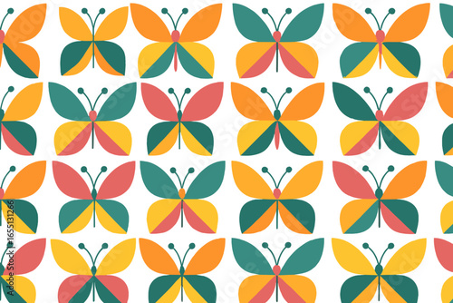 Colorful butterfly pattern design on a white background featuring symmetrical arrangements of various styles and colors