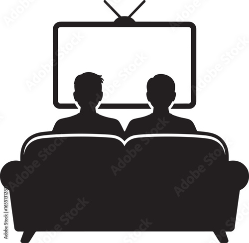Relaxing Silhouette: Two People Watching Television on Sofa with Transparent Background