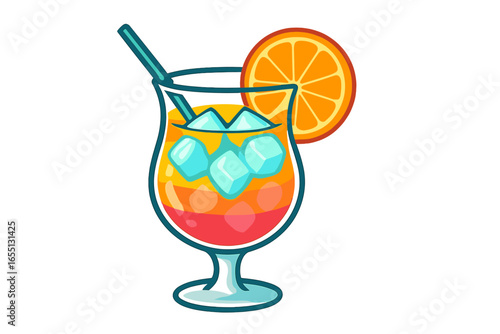 Colorful tropical drink served in a glass with ice and a slice of orange on a summer day at the beach