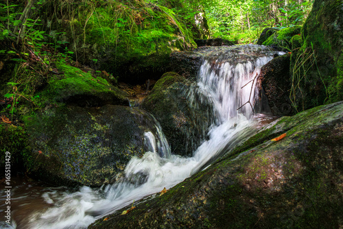 Picture of the Aguzou stream in the mountains of southern France with small waterfalls, rocks, forest and green vegetation. Very close to the small village of Escouloubre in the Pyrenees Mountains
