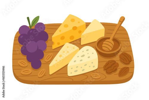 Cheese platter with grapes, honey, and nuts prepared for a casual gathering in a cozy kitchen