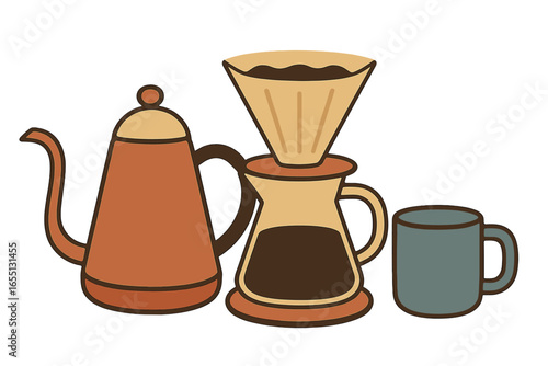 Unique brewing setup with vintage coffee kettle and filter during morning coffee ritual