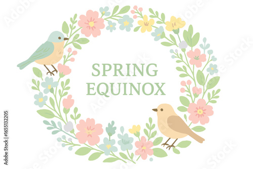 Spring equinox celebration with birds and floral decorations in a vibrant design