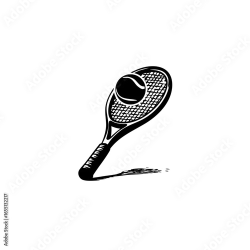 Black Vector Tennis Racket & Ball Logo - Simple Striking Design on White Background