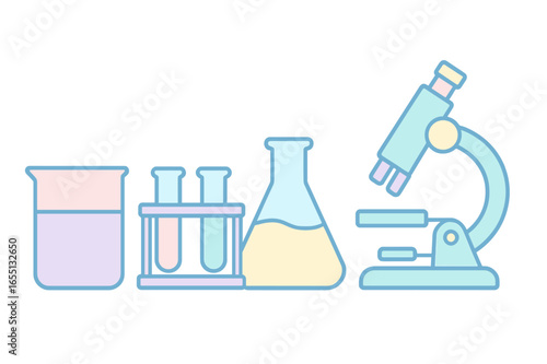 Colorful laboratory equipment with beakers and microscopes illustrating scientific research and experimentation