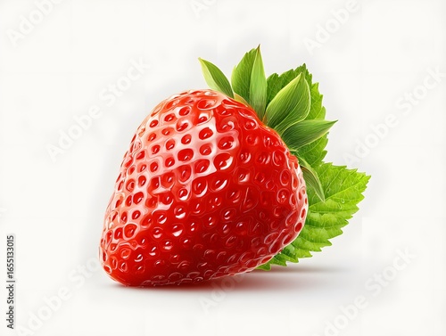 Minimalist strawberry icon with green leaves, flat design fruit illustration, vibrant red berry isolated on white background, healthy food vector, modern graphic style
