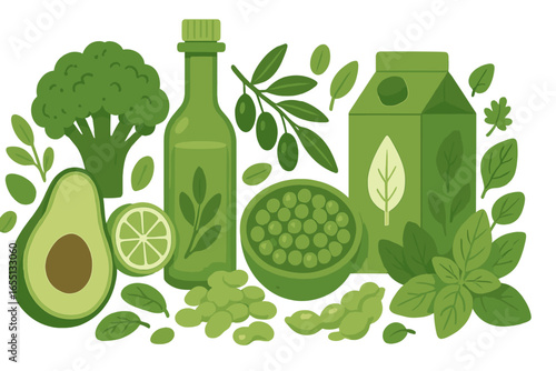 Fresh green vegetables and ingredients arranged on a white background reflecting healthy eating concepts