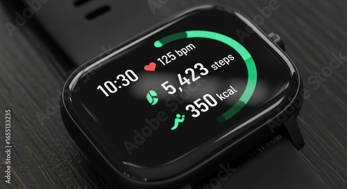 Close-up view of a modern smartwatch with a fitness tracker interface, displaying heart rate, step count, and calories burned for a healthy lifestyle.