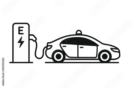 Electric car charging at a station in a modern urban setting during daylight hours