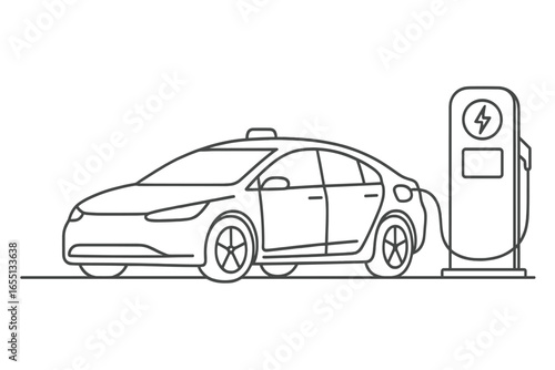 Electric taxi charging at a public station in an urban area during the day