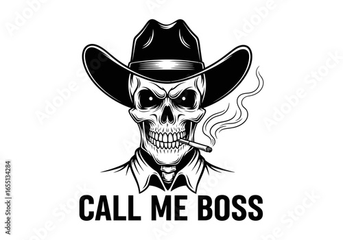 Vector art of cowboy skull with a cigarette, embodying a rebellious and dangerous attitude