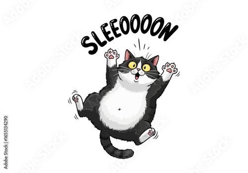 Vector art of cartoon cat stretching and yawning with the word sleeooooon