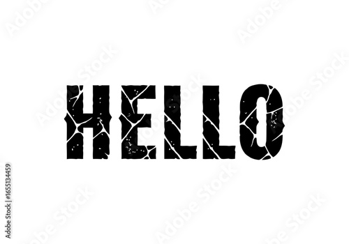 Vector art of the word hello is displayed in a cracked and broken font