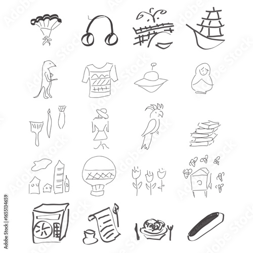 Outline Curiosities Freehand drawings, thin lines, flat colors, silhouette, vector