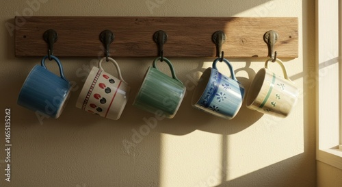 Five mugs hanging on a wooden rack