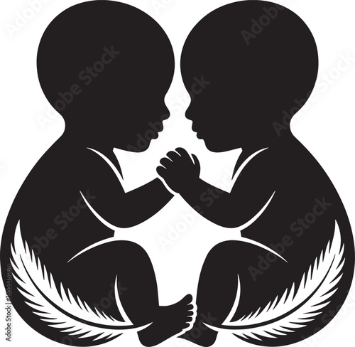 Silhouette of Twin Babies Holding Hands Symbolizing Connection and Unity Vector