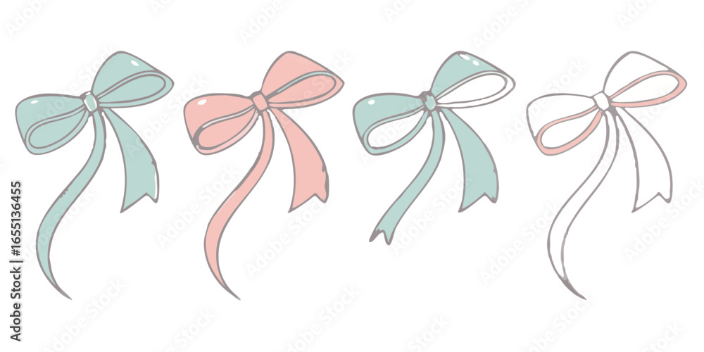 Obraz premium watercolor ribbon bows illustration in mint green blush pink and sage colors isolated on white background.