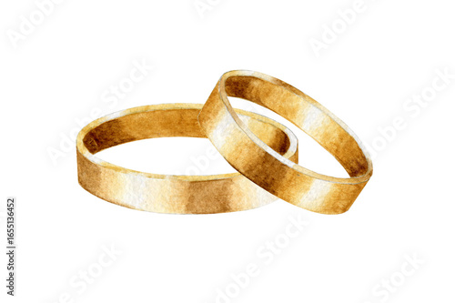 Watercolor hand drawn dark gold wedding rings. Watercolor celebrating clipart. Wedding rings isolated on white background.