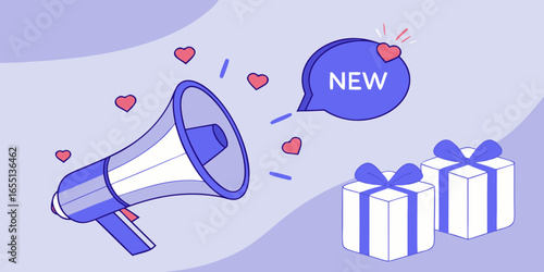 megaphone announcement with new label hearts and gift boxes illustration purple background