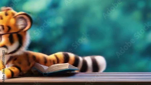 Adorable cartoon tiger cub reading book with glasses in forest setting. Back to School, School Season, First Day of School - Education Supplies, Academic Year Beginning