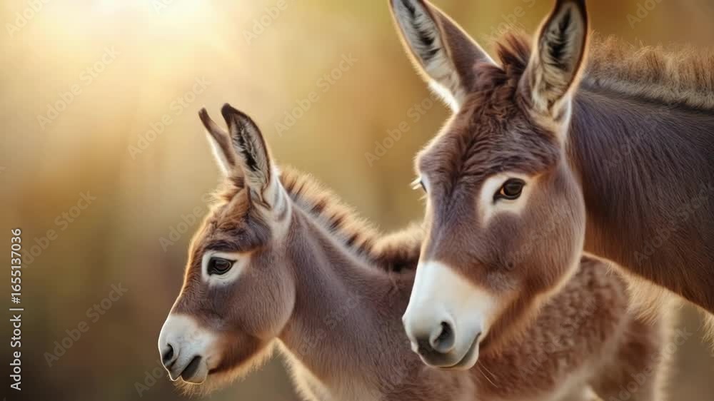 Tender interaction between adult donkey and foal in sunlit pasture. Mother's Day, Mothering Sunday, Dia de la Madre - Global Maternal Celebration, Worldwide Family Holiday Tender interaction between adult donkey and foal in sunlit pasture. Mother's Day, Mothering Sunday, Dia de la Madre - Global Maternal Celebration, Worldwide Family Holiday