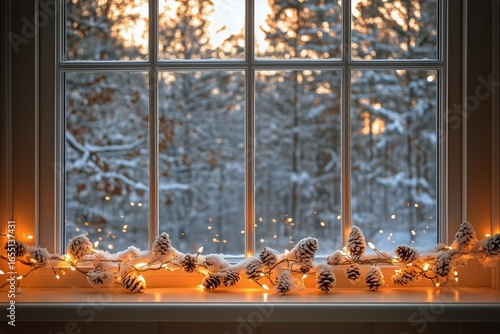 Winter Evening Glow From a Warmly Decorated Window With Snow and Fairy Lights