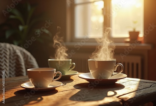 Wallpaper Mural steam rising mismatched coffee cups cozy morning scene comfort beverage warmth serenity, aroma, home, table, interior, drinks, latte, espresso, design Torontodigital.ca