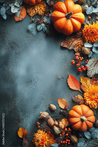 Autumn Harvest Display With Pumpkins and Colorful Foliage on a Textured Surface.