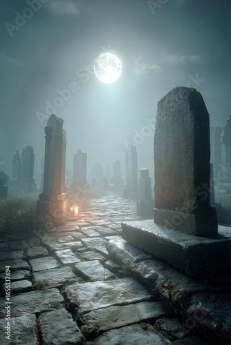 Eerie Moonlit Graveyard With Fog and Old Tombstones at Night